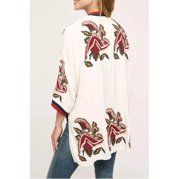 Elevenses Anthropologie Kimono Jacket Embroidered Floral Boho Festival One Size - Picture 2 of 15